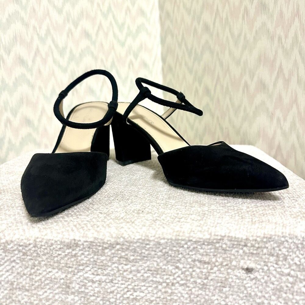 Marc Fisher McAllos Black Suede Ankle Strap Block Heel Pumps Womens 7M